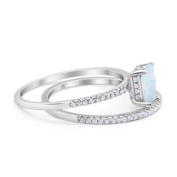 Art Deco Two Piece Wedding Ring Radiant Lab Created White Opal 925 Sterling Silver